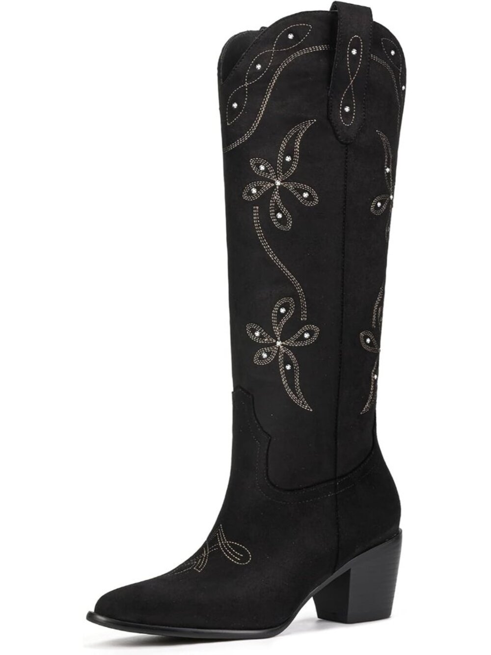 Women's Black Faux Suede Retro Embroidery Pointed Toe Chunky Heel Cowgirl Boots